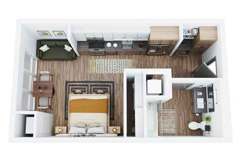 a stylized floor plan of a bedroom with a bed and a closet